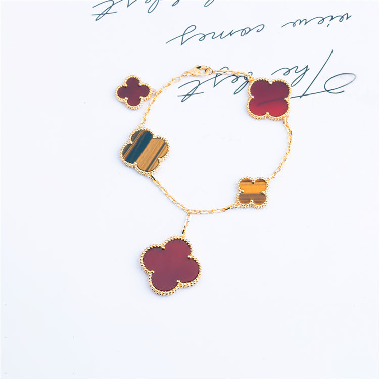 [Vintora]BRACELET CLOVER 5 MOTIFS CORNALINE OEIL DE TIGRE