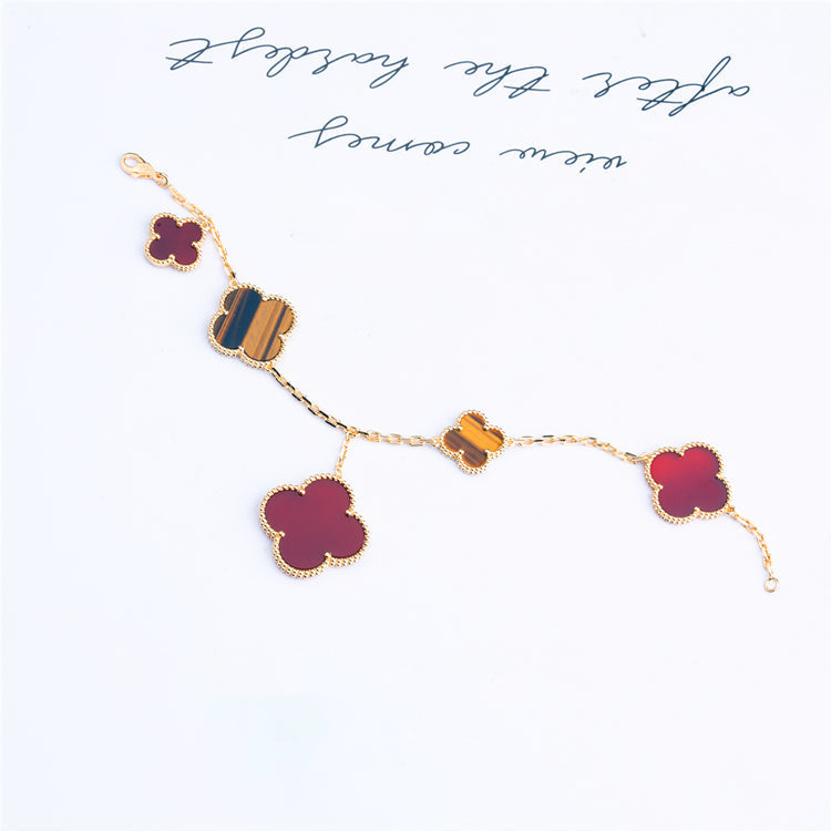 [Vintora]BRACELET CLOVER 5 MOTIFS CORNALINE OEIL DE TIGRE