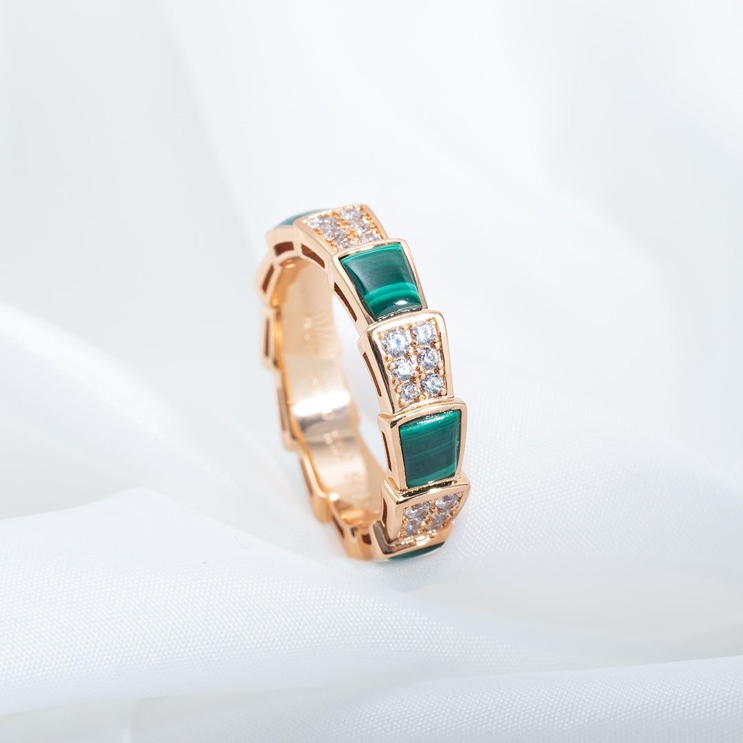 [Vintora]SERPENTI RING PINK GOLD MALACHITE DIAMOND PAVED 4MM