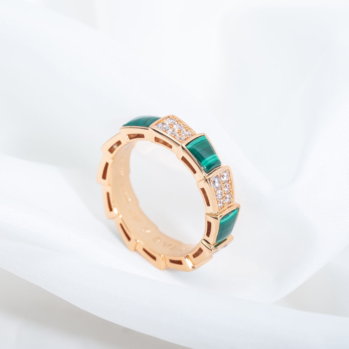 [Vintora]SERPENTI RING PINK GOLD MALACHITE DIAMOND PAVED 4MM