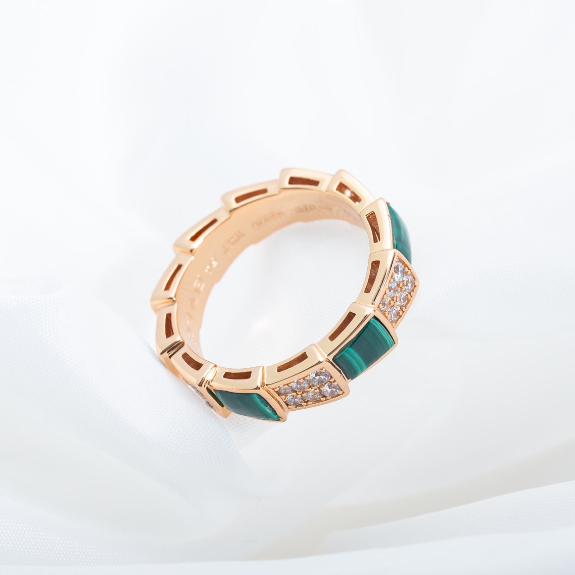 [Vintora]SERPENTI RING PINK GOLD MALACHITE DIAMOND PAVED 4MM