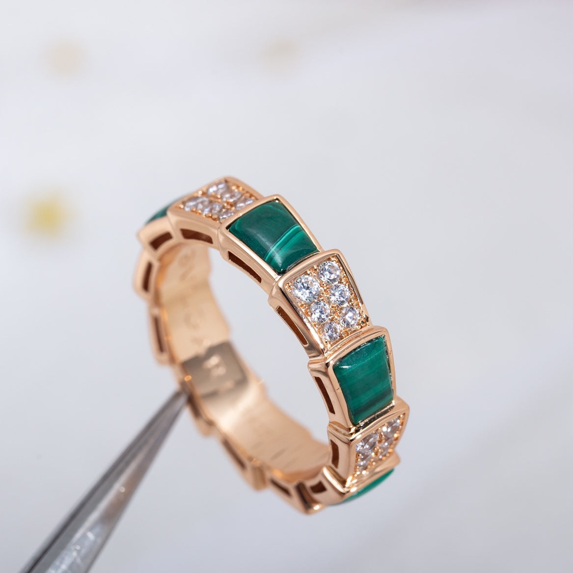 [Vintora]SERPENTI RING PINK GOLD MALACHITE DIAMOND PAVED 4MM
