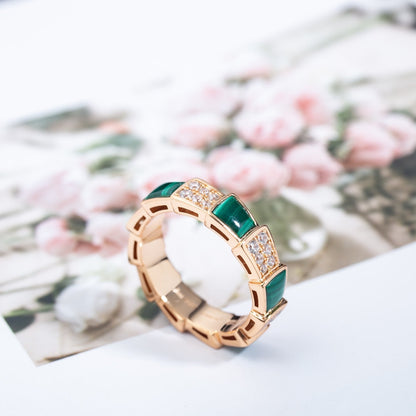 [Vintora]SERPENTI RING PINK GOLD MALACHITE DIAMOND PAVED 4MM