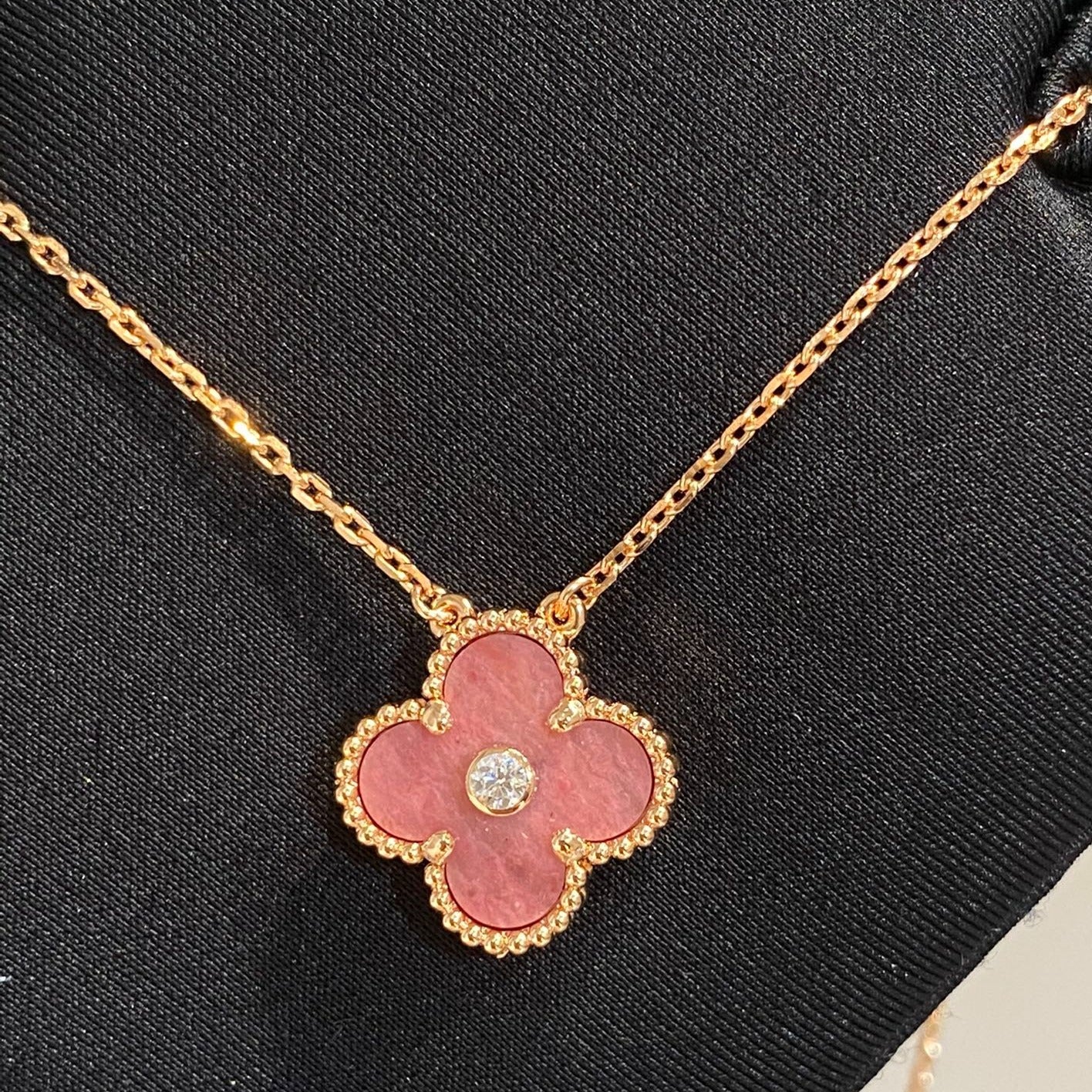 [Vintora]COLLIER EN RHODONITE ET DIAMANTS CLOVER 15MM