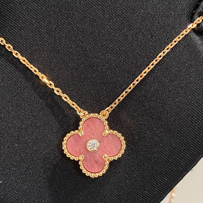 [Vintora]COLLIER EN RHODONITE ET DIAMANTS CLOVER 15MM