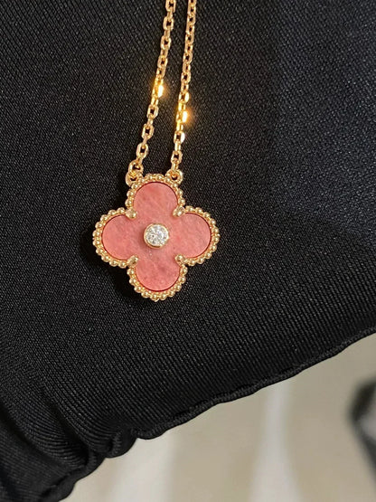 [Vintora]COLLIER EN RHODONITE ET DIAMANTS CLOVER 15MM