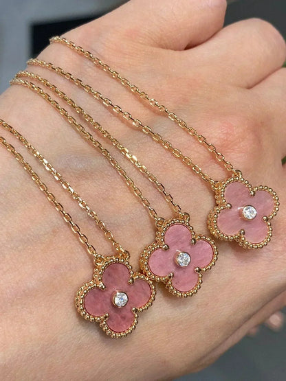 [Vintora]COLLIER EN RHODONITE ET DIAMANTS CLOVER 15MM