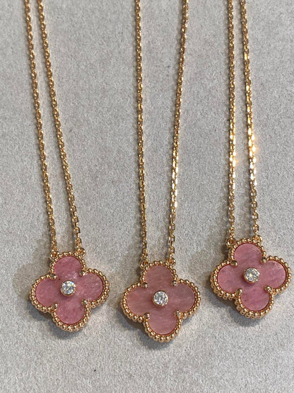 [Vintora]COLLIER EN RHODONITE ET DIAMANTS CLOVER 15MM