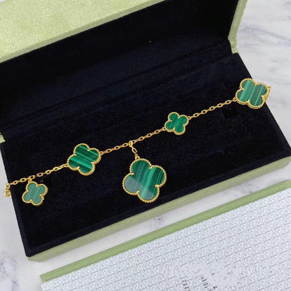 [Vintora]BRACELET MAGIQUE TRÈFLE MALACHITE OR 5 MOTIFS
