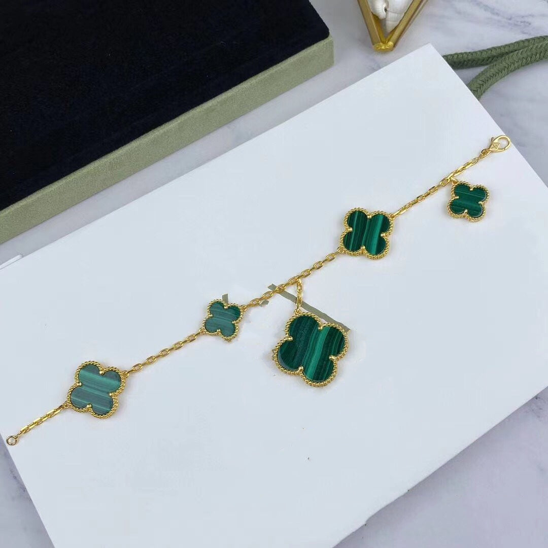 [Vintora]BRACELET MAGIQUE TRÈFLE MALACHITE OR 5 MOTIFS