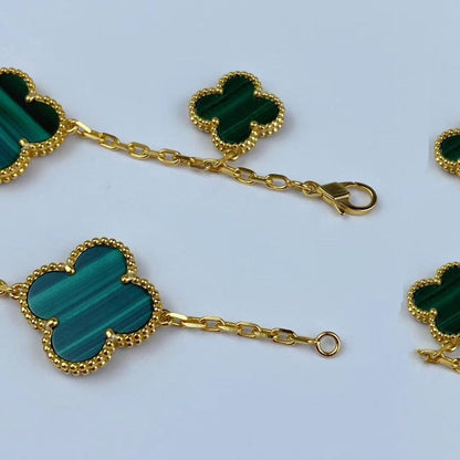 [Vintora]BRACELET MAGIQUE TRÈFLE MALACHITE OR 5 MOTIFS