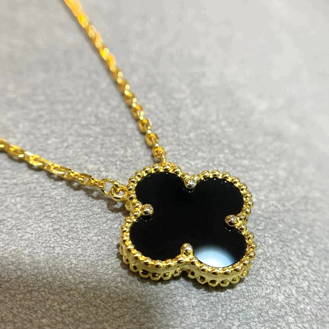 [Vintora]COLLIER FLEUR UNIQUE ONYX NOIR 15MM CLOVER