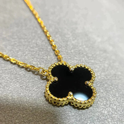 [Vintora]COLLIER FLEUR UNIQUE ONYX NOIR 15MM CLOVER