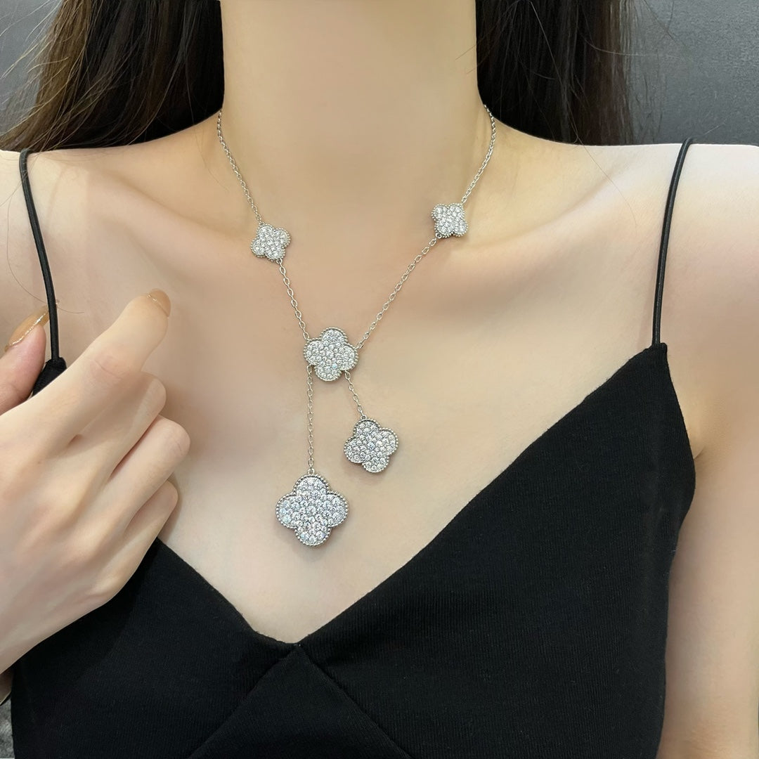 [Vintora]COLLIER TRÈFLE 5 MOTIFS ARGENT DIAMANTS