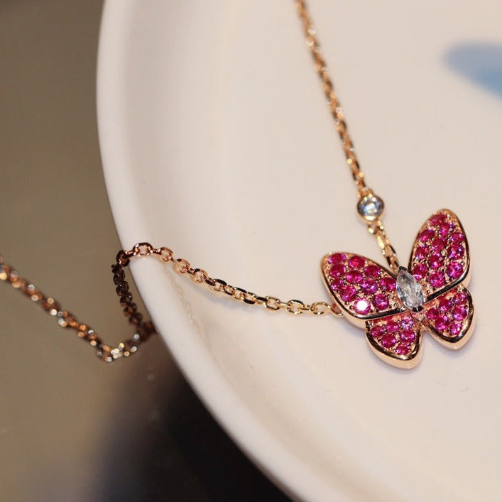 [Vintora]COLLIER PAPILLON ROUGE DIAMANT OR ROSE