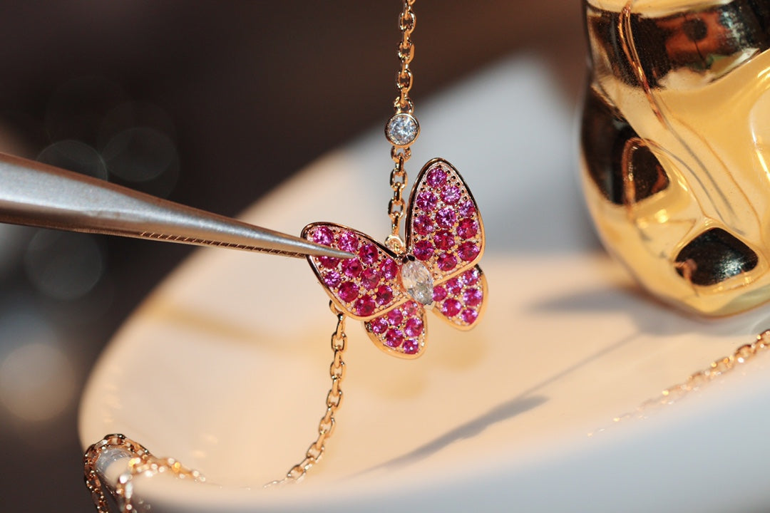 [Vintora]COLLIER PAPILLON ROUGE DIAMANT OR ROSE