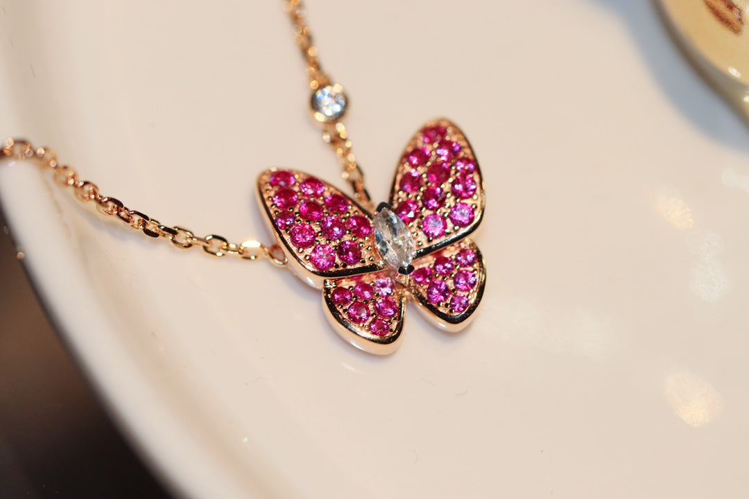 [Vintora]COLLIER PAPILLON ROUGE DIAMANT OR ROSE