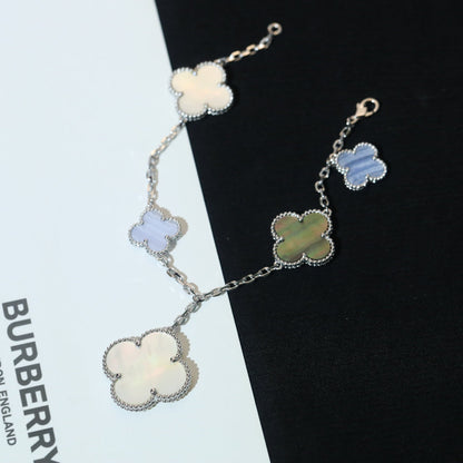 [Vintora]BRACELET CLOVER 5 MOTIFS NACRE CALCÉDOINE ARGENT