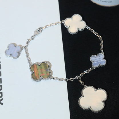 [Vintora]BRACELET CLOVER 5 MOTIFS NACRE CALCÉDOINE ARGENT