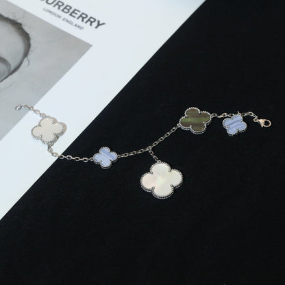 [Vintora]BRACELET CLOVER 5 MOTIFS NACRE CALCÉDOINE ARGENT