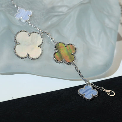 [Vintora]BRACELET CLOVER 5 MOTIFS NACRE CALCÉDOINE ARGENT