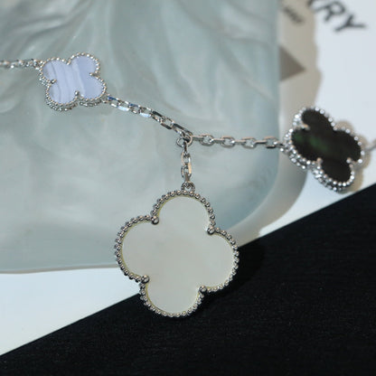 [Vintora]BRACELET CLOVER 5 MOTIFS NACRE CALCÉDOINE ARGENT