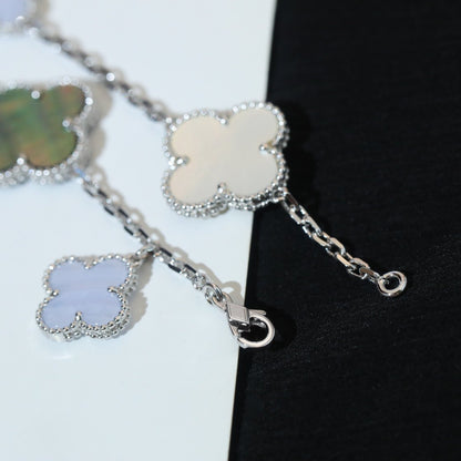 [Vintora]BRACELET CLOVER 5 MOTIFS NACRE CALCÉDOINE ARGENT