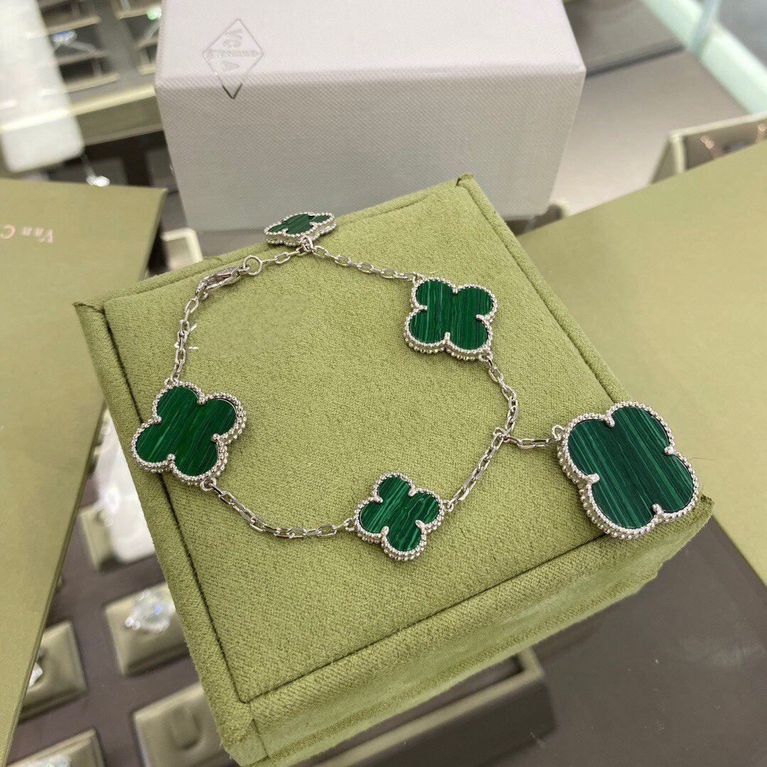[Vintora]BRACELET CLOVER 5 MOTIFS ARGENT MALACHITE