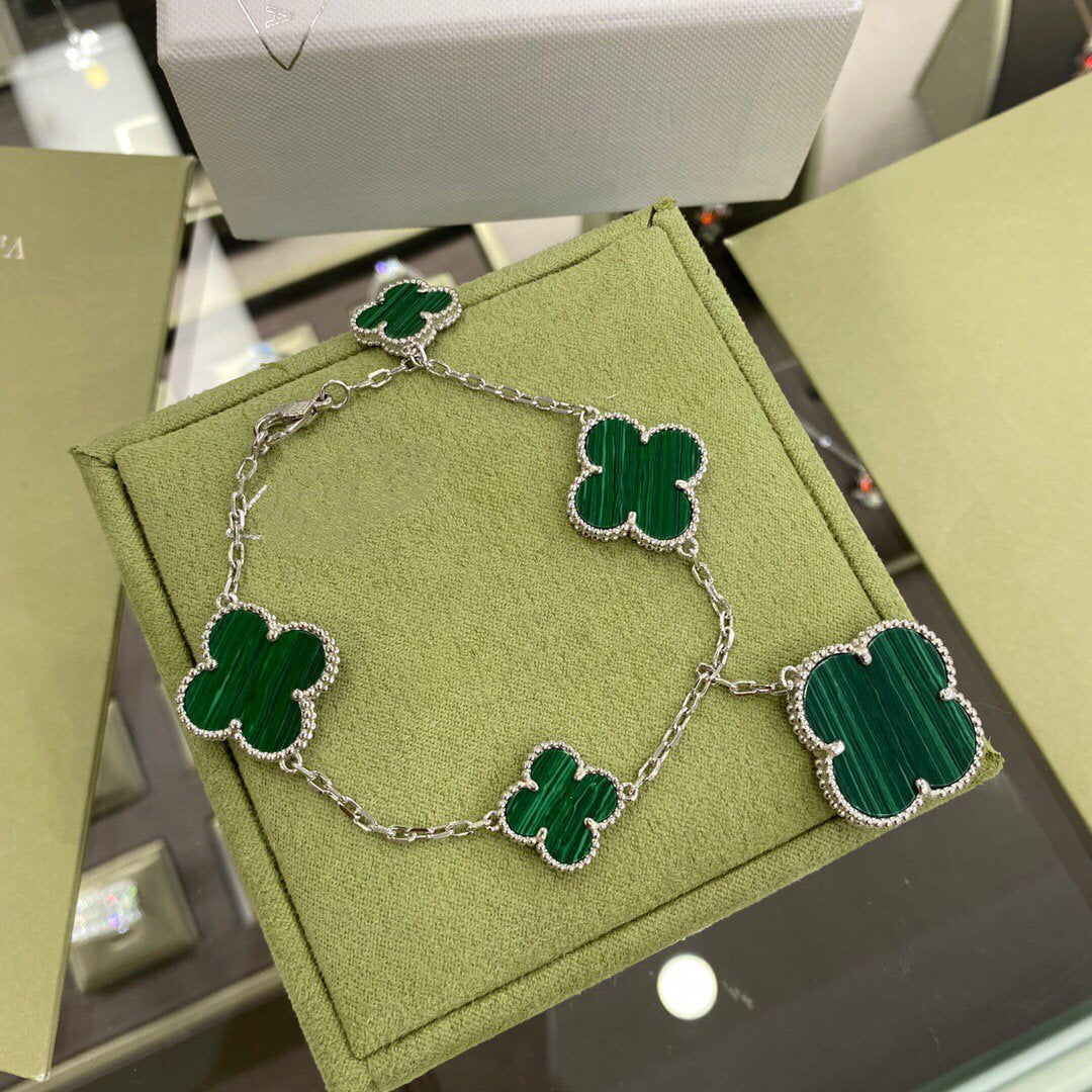 [Vintora]BRACELET CLOVER 5 MOTIFS ARGENT MALACHITE