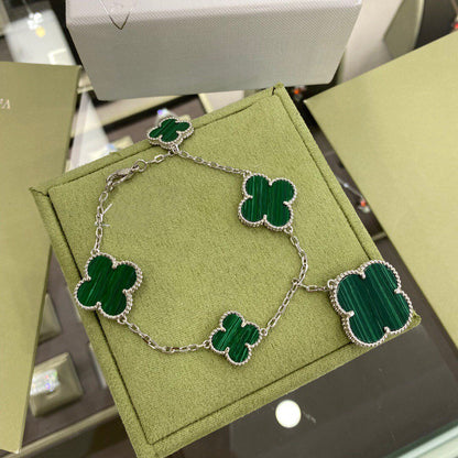 [Vintora]BRACELET CLOVER 5 MOTIFS ARGENT MALACHITE
