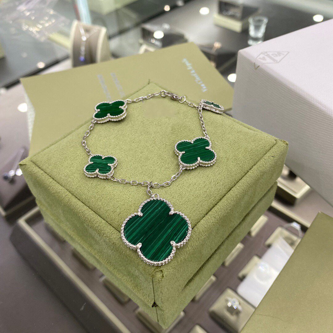 [Vintora]BRACELET CLOVER 5 MOTIFS ARGENT MALACHITE