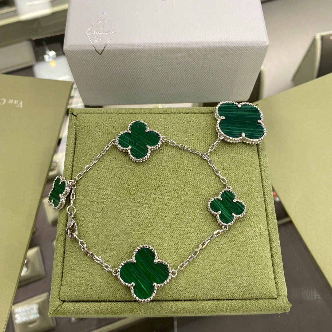 [Vintora]BRACELET CLOVER 5 MOTIFS ARGENT MALACHITE