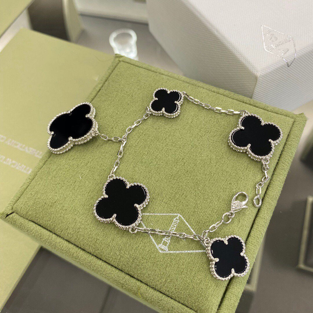 [Vintora]BRACELET CLOVER 5 MOTIFS ARGENT ONYX