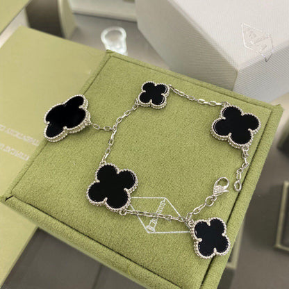 [Vintora]BRACELET CLOVER 5 MOTIFS ARGENT ONYX