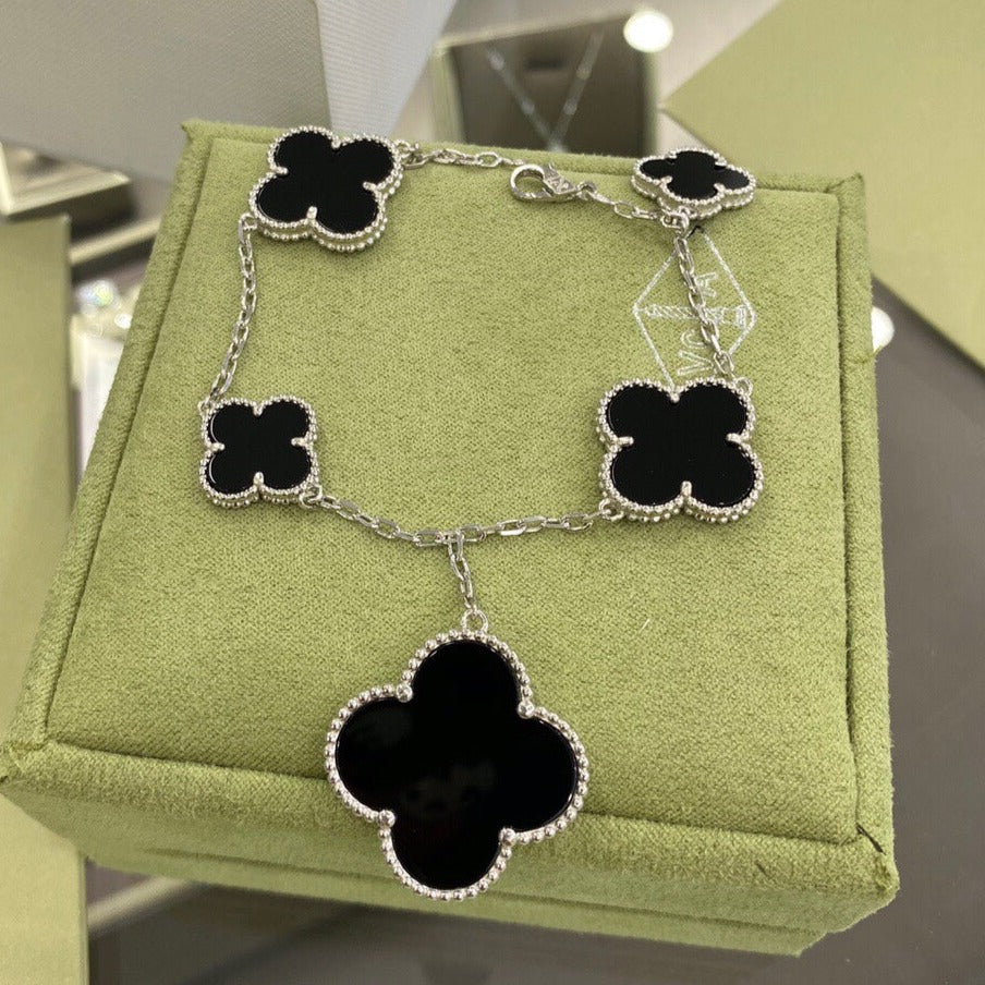 [Vintora]BRACELET CLOVER 5 MOTIFS ARGENT ONYX
