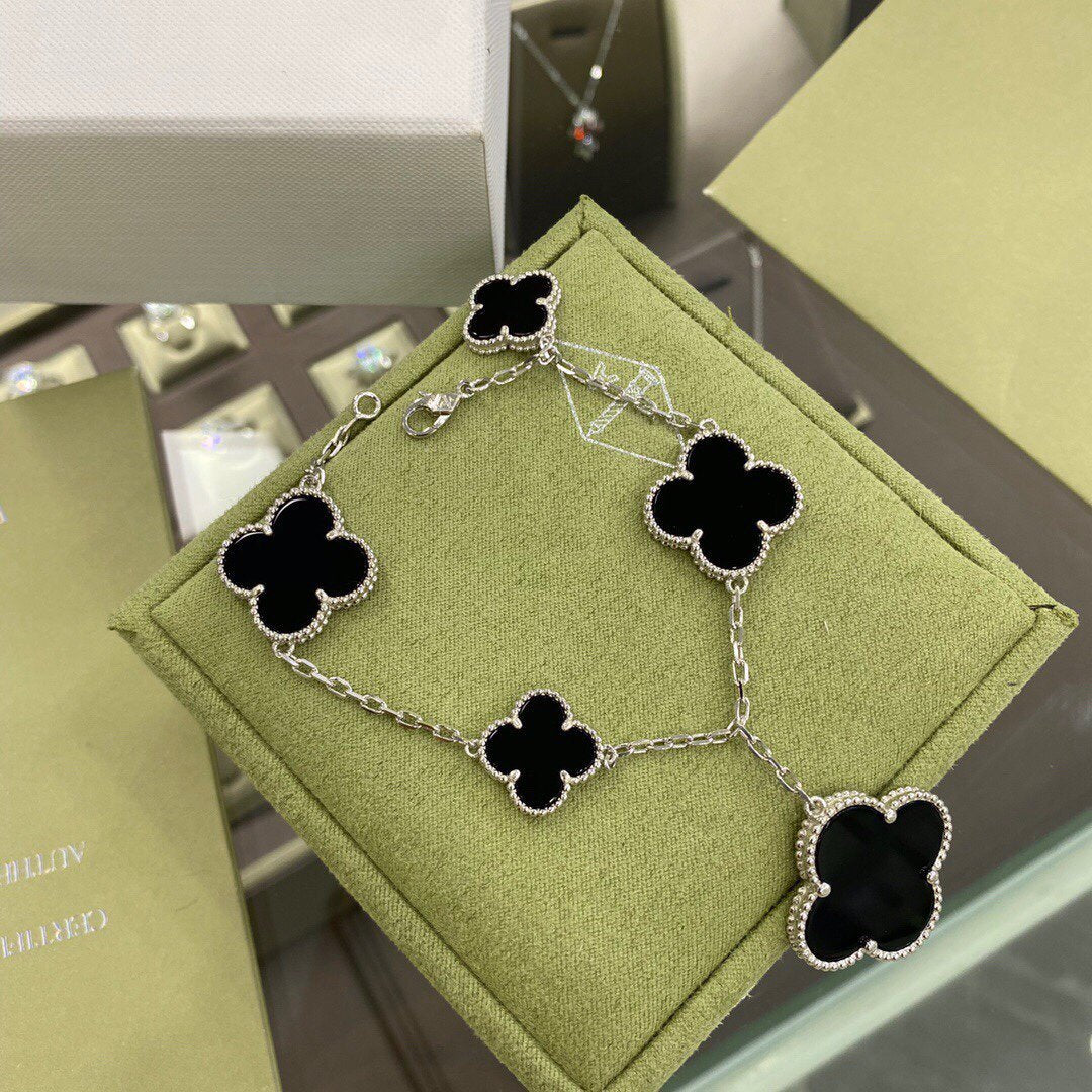[Vintora]BRACELET CLOVER 5 MOTIFS ARGENT ONYX