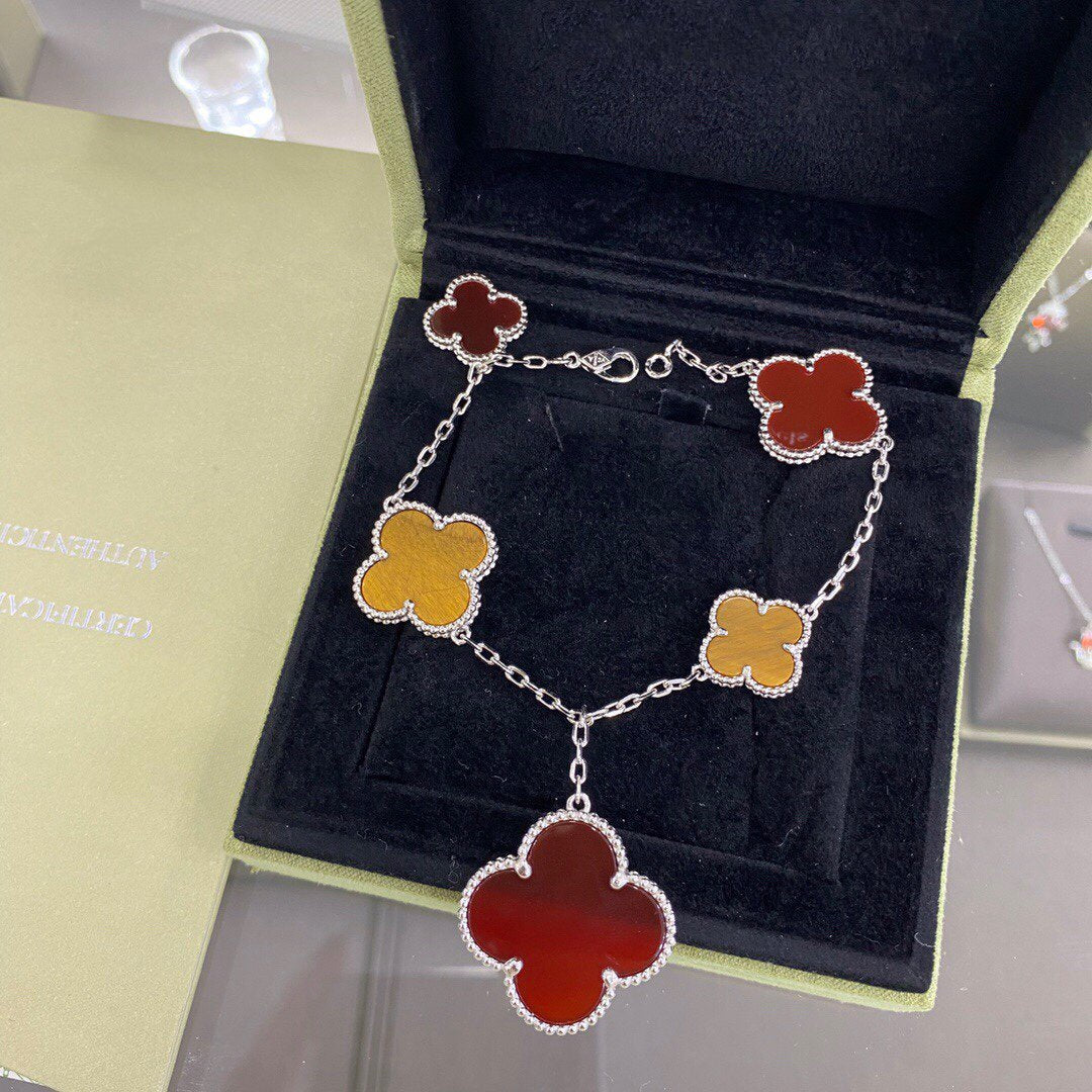 [Vintora]BRACELET CLOVER 5 MOTIFS ARGENT CORNALINE OEIL DE TIGRE