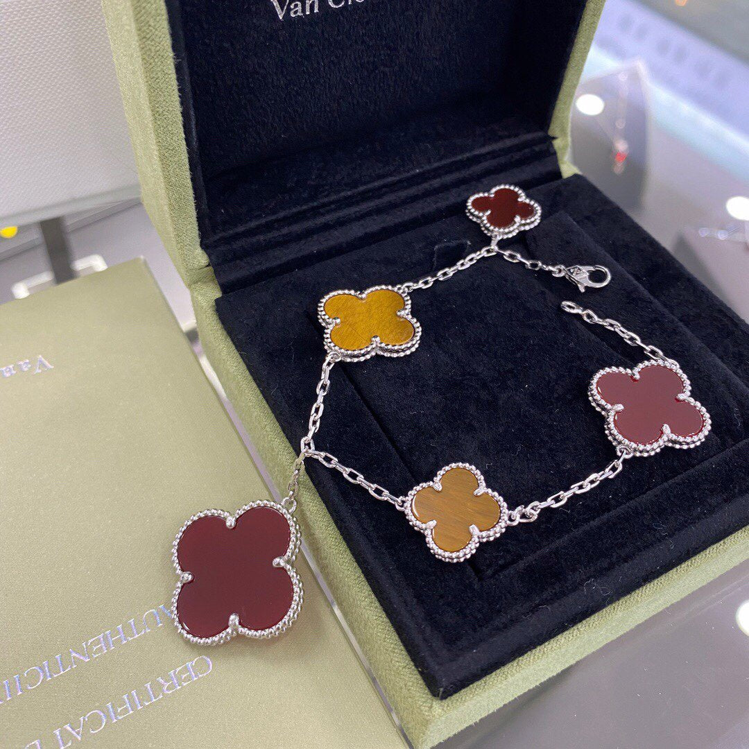 [Vintora]BRACELET CLOVER 5 MOTIFS ARGENT CORNALINE OEIL DE TIGRE