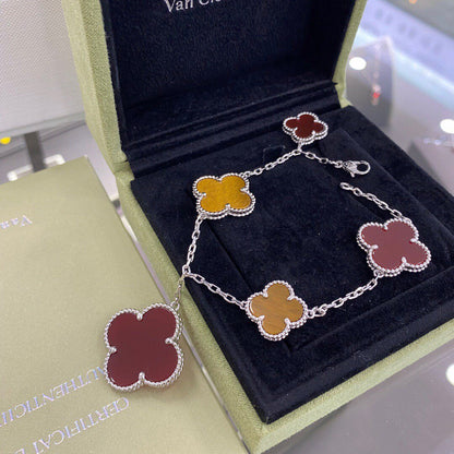 [Vintora]BRACELET CLOVER 5 MOTIFS ARGENT CORNALINE OEIL DE TIGRE
