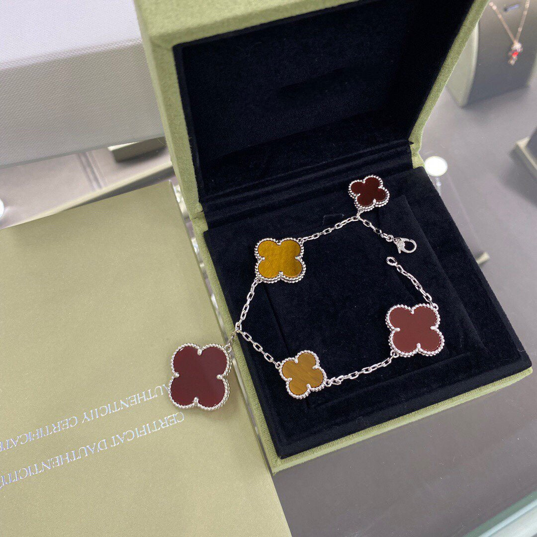 [Vintora]BRACELET CLOVER 5 MOTIFS ARGENT CORNALINE OEIL DE TIGRE