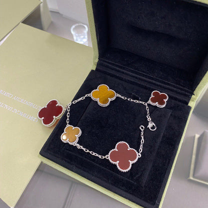 [Vintora]BRACELET CLOVER 5 MOTIFS ARGENT CORNALINE OEIL DE TIGRE
