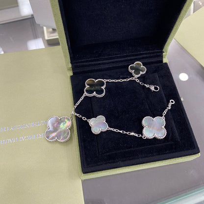 [Vintora]BRACELET CLOVER 5 MOTIFS ARGENT NACRE NOIRE