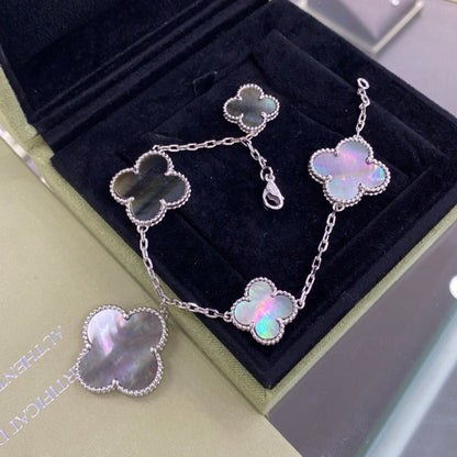 [Vintora]BRACELET CLOVER 5 MOTIFS ARGENT NACRE NOIRE