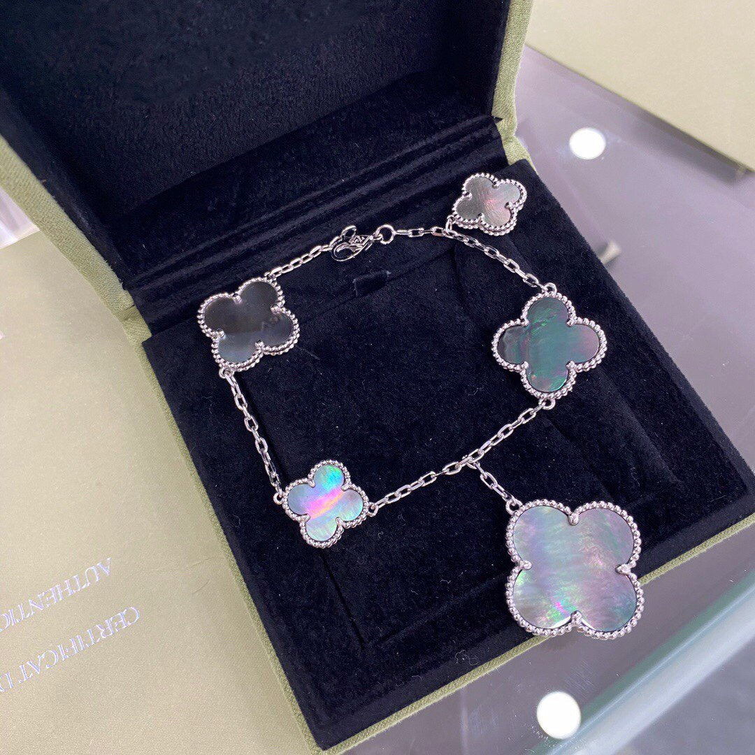 [Vintora]BRACELET CLOVER 5 MOTIFS ARGENT NACRE NOIRE