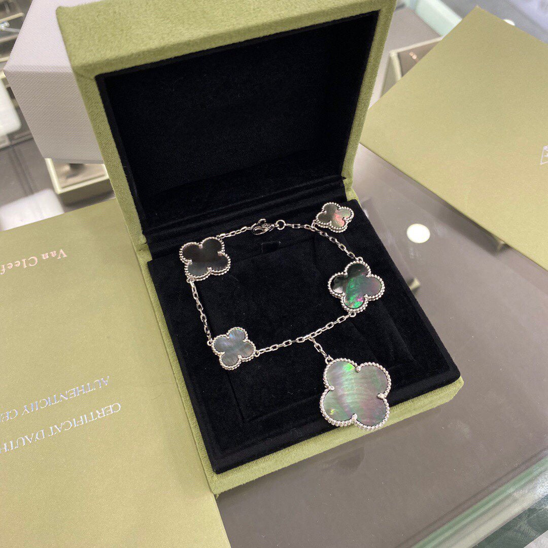 [Vintora]BRACELET CLOVER 5 MOTIFS ARGENT NACRE NOIRE
