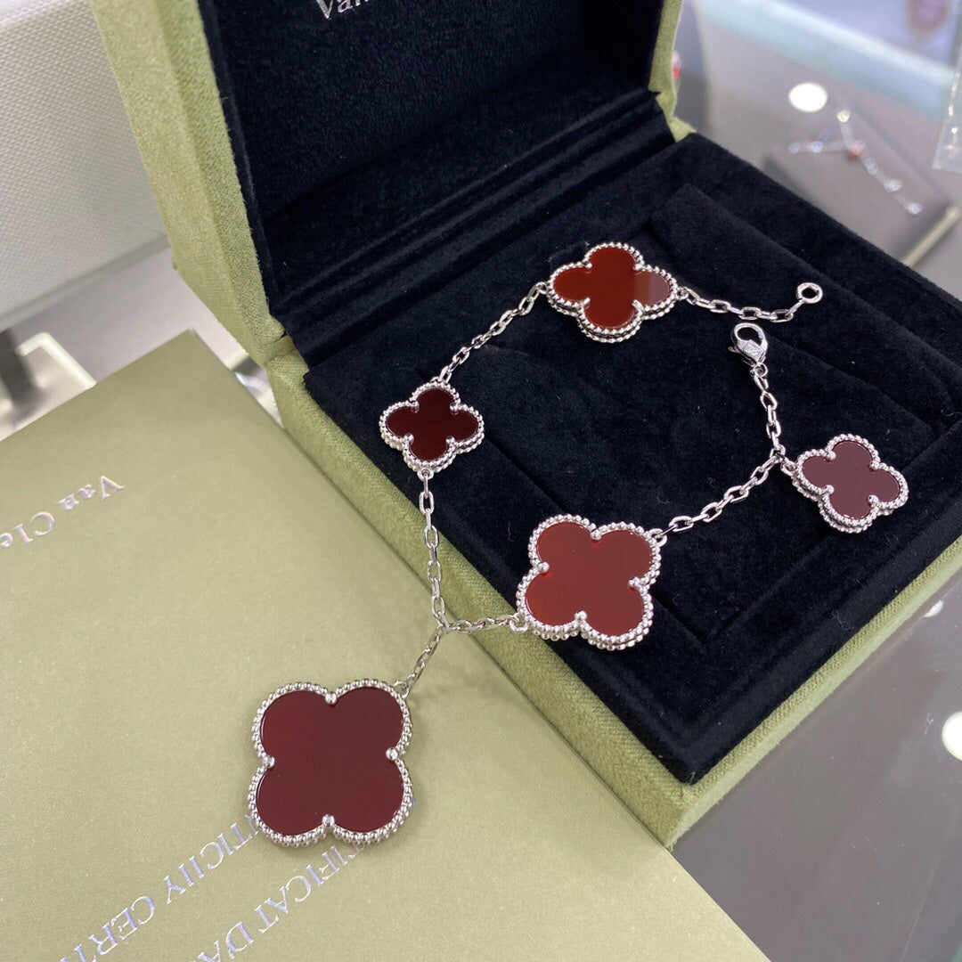 [Vintora]BRACELET CLOVER 5 MOTIFS ARGENT CORNALINE