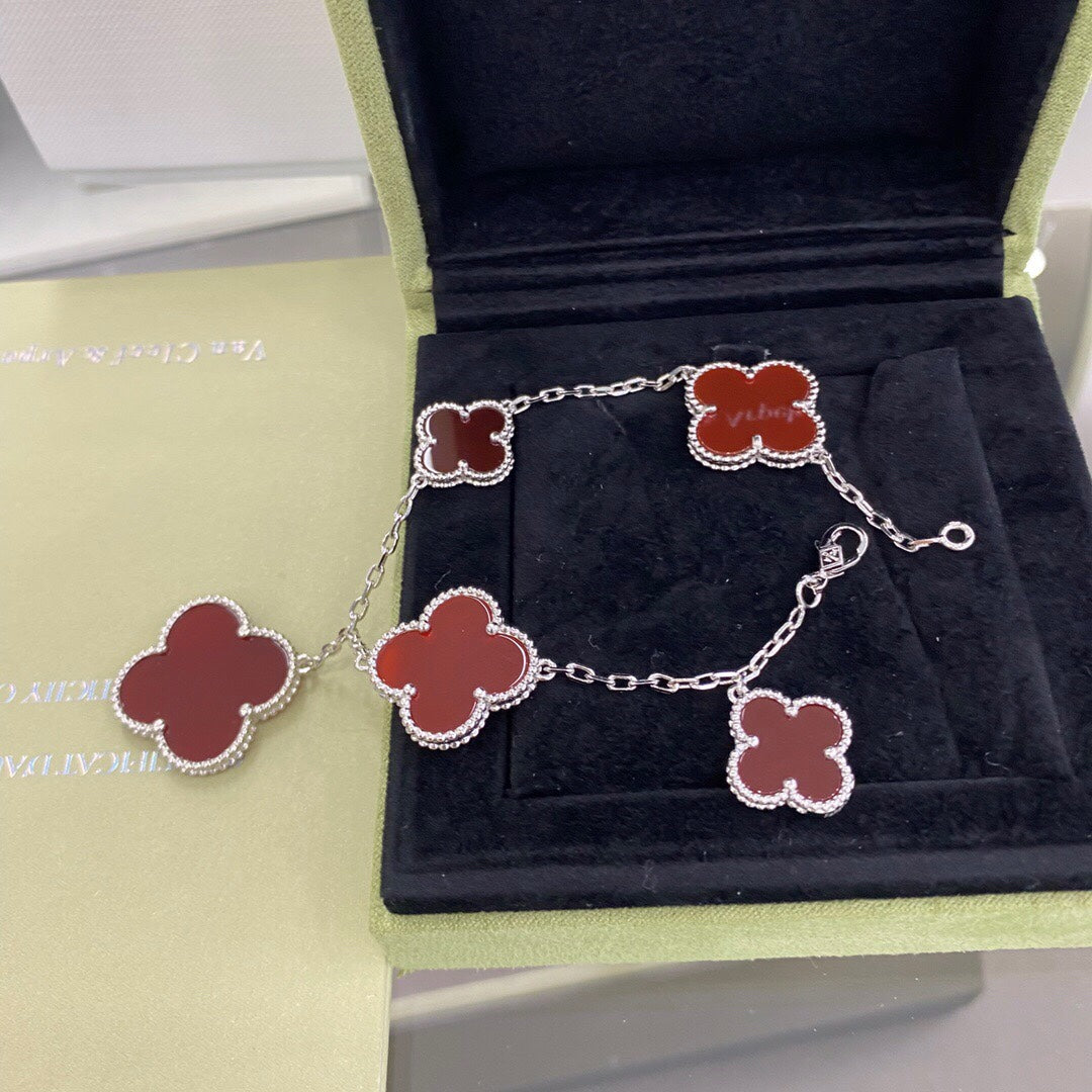 [Vintora]BRACELET CLOVER 5 MOTIFS ARGENT CORNALINE