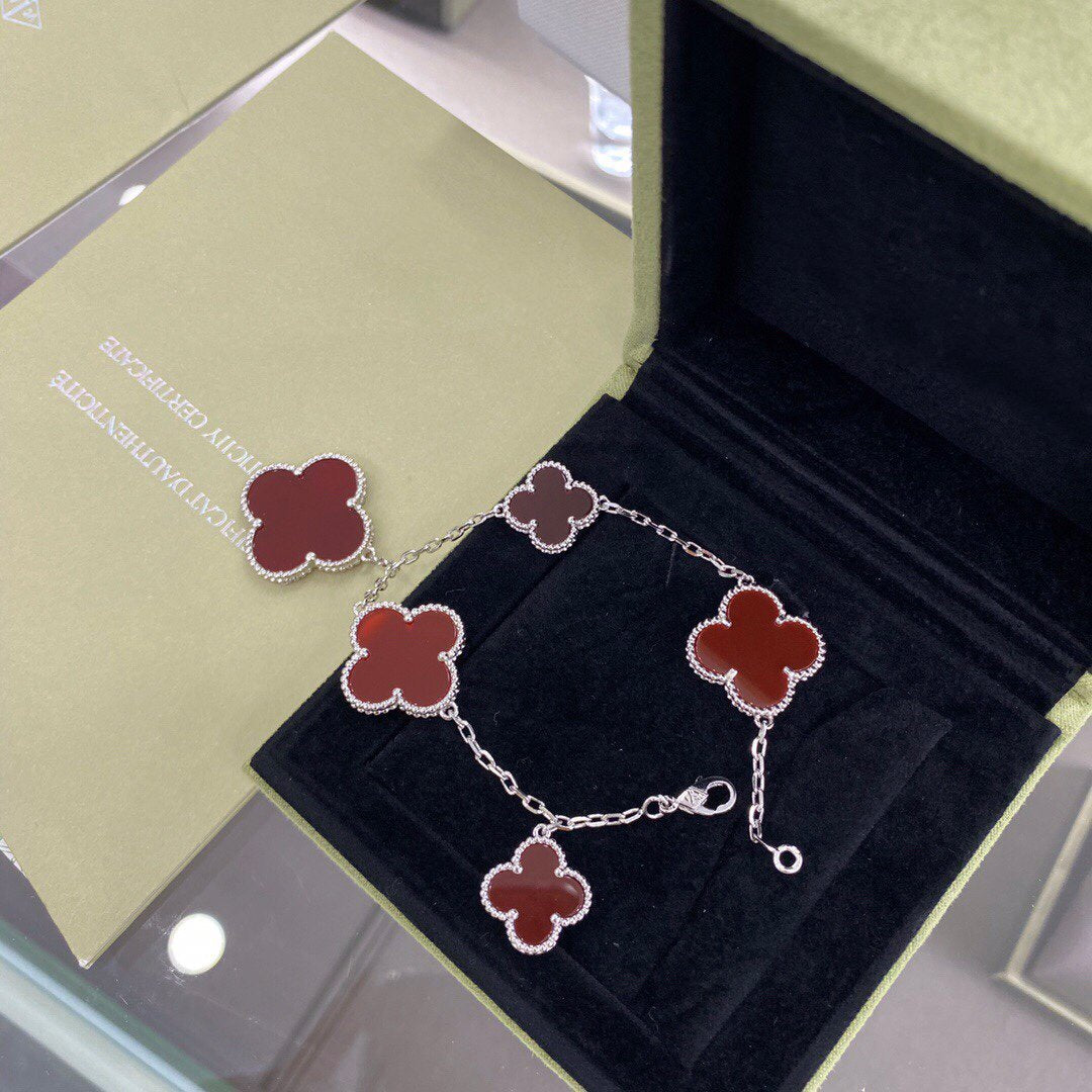 [Vintora]BRACELET CLOVER 5 MOTIFS ARGENT CORNALINE