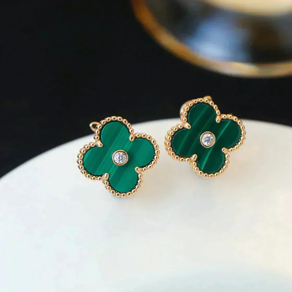 [Vintora]CLOVER MEDIUM 1 MOTIFS MALACHITE DIAMOND EARRINGS