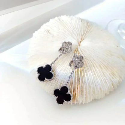 [Vintora]CLOVER 2 MOTIFS  DIAMOND ONYX EARRINGS SILVER